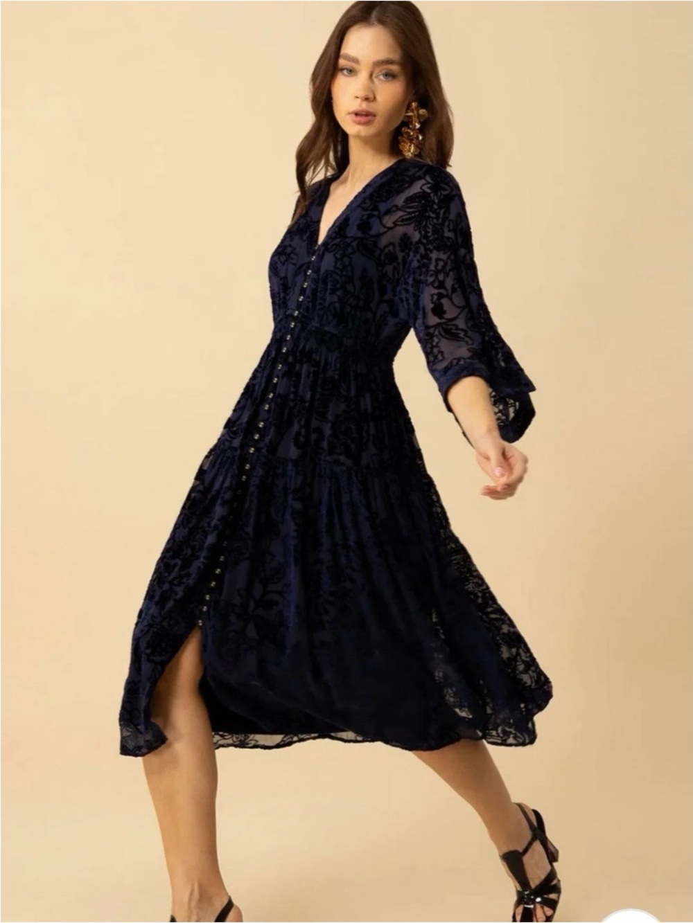 Hale Bob velvet burnout flare sleeve navy midi dress, size Large